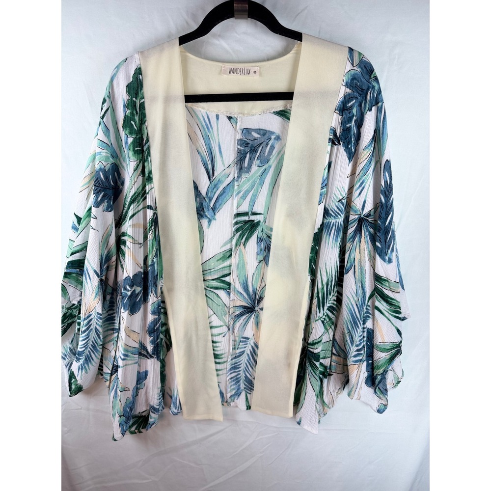 Wanderlux Tropical Palm Leaf Kimono Top Womens Medium Green Blue Open Front Boho